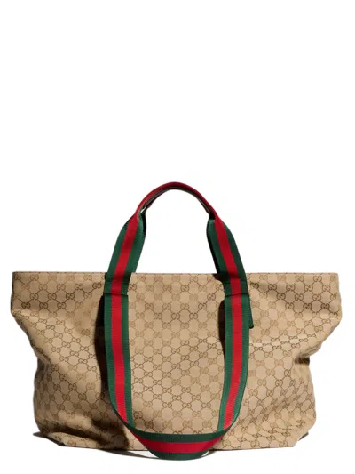 Gucci 35 Cm Gg Canvas Double-handle Tote With Web Detail, Zip Closure In Beige
