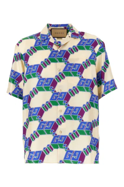 Gucci 3d Gg Print Silk Shirt In Neutrals