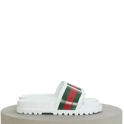 Pre-owned Gucci 400$ Men's Web Slide Sandal In White Rubber