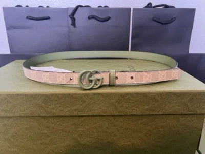 Pre-owned Gucci 430$ Gg Thin Marmont Belt Beige Gg Beige Green Size 90/36 Inches/m/l