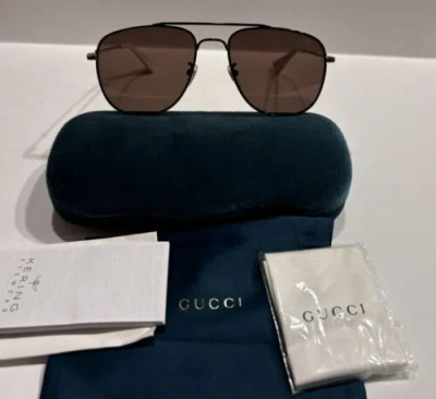 Pre-owned Gucci $450  Gg0514s 002 Black/gold Frame/ Brown Lenses 57-18-140 Sunglasses In Gray