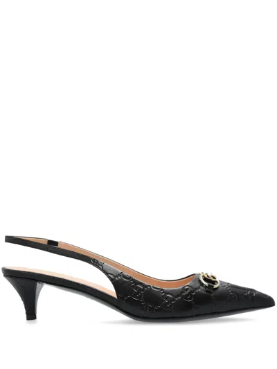 Gucci 'erin' Black Décolleté With Clamp And All-over Gg Motif In Leather Woman