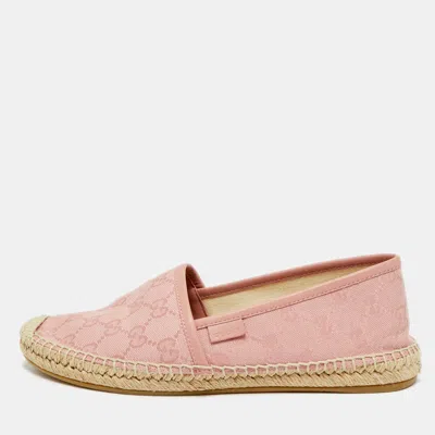 Pre-owned Gucci 466902 100 Size 37 Pink Canvas And Leather Espadrille Loafers