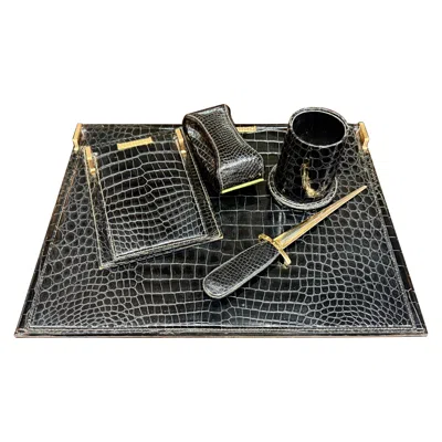 Pre-owned Gucci 5 Piece Desk Set In Crocodile/alligator Gifted By Frank Sinatra In Black