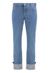 Gucci Men Blue Jeans With Logo Patch On The Rear And Web Turn-up Hem In Denim Man In Blue
