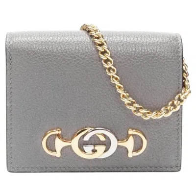 Pre-owned Gucci 570660 Zumi Grey Leather Gg Horsebit Bi-fold Wallet On Chain Mini Bag In Gray