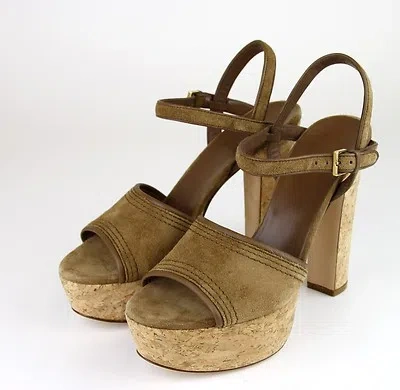 Pre-owned Gucci $595 Authentic  Danielle Suede Cork Platform Sandal, 38.5/8.5, 309974 In Brown