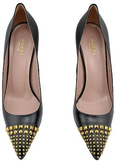 Pre-owned Gucci $650  Black Leather Gold Studded Pointy Toe Pumps High Heels Collection
