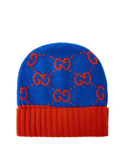 Gucci 6761104g2064876 Gg Monogram Wool Beanie In Blue