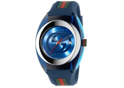 Pre-owned Gucci $680 Msrp |  Sync Xxl Men's Blue Rubber Band Watch - Ya137104