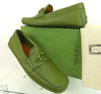 Pre-owned Gucci 692379 Olive Green Leather Gg Logo Moccasin Driving Loafers 10 / Us 11