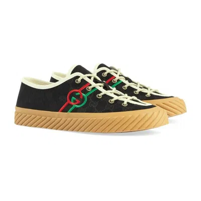 Pre-owned Gucci 703032 Black White Canvas Red Green Gg Logo Low Top Sneakers 10 And 11