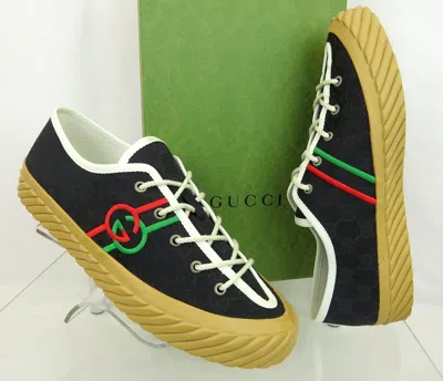 Pre-owned Gucci 703032 Black White Canvas Red Green Gg Logo Low Top Sneakers 9.5 / Us 10.5