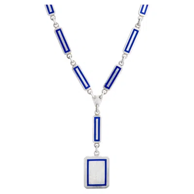 Pre-owned Gucci 70s Vintage  Drop Necklace Sterling Silver Blue Enamel Square Links 21"