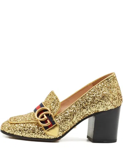 Pre-owned Gucci 75mm Glitter-finish Stripe Pumps In Gold