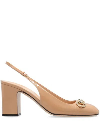 Gucci 75mm Horsebit Slingback Pumps In Beige