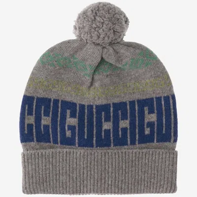Gucci 793257 Logo Jacquard Wool Beanie In Gray