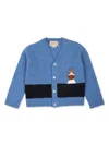 Gucci Light Blue Cardigan For Baby Boy With Dog And Logo In Blu