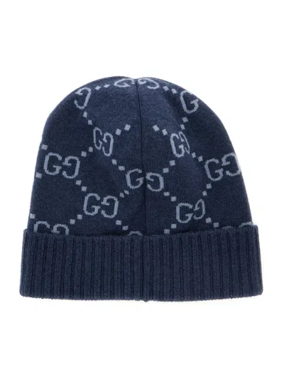 Gucci 811392 Gg All-over Cashmere Cuff Beanie In Blue