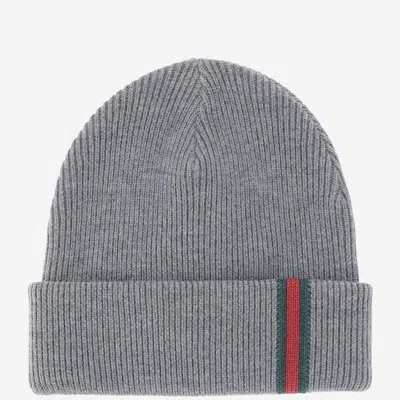 Gucci 834192 Wool Ribbed With Web Stripe Beanie In Gray