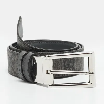 Pre-owned Gucci 85 Cm Reversible Rectangular Buckle Belt Grey Gg Supreme Canvas And Leather In Gray