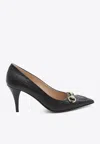Gucci High-heeled Leather Slip-on Shoe With Monogram Design In Multi