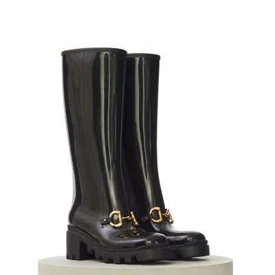 Pre-owned Gucci 850$ Women's Black Knee-high Rubber Boot - Horsebit Detail