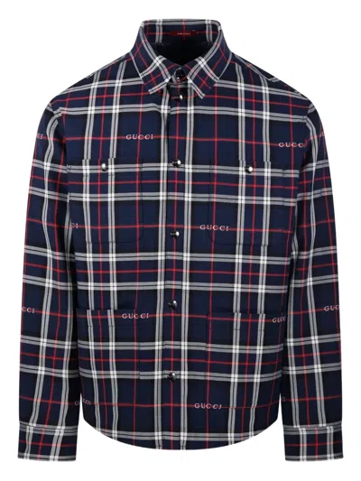 Gucci Men Padded Tartan Cotton Jacquard Shirt In Blue