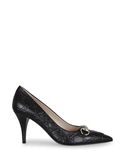 Gucci High-heeled Leather Slip-on Shoe With Monogram Design In Black