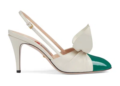 Pre-owned Gucci 85mm Bow Slingback Pumps (women's) Sneakers In White/green In Multi