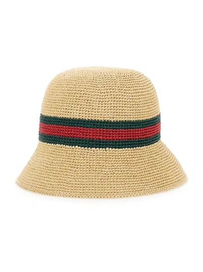Gucci 876257 Web Stripe Straw Bucket Hat In Beige