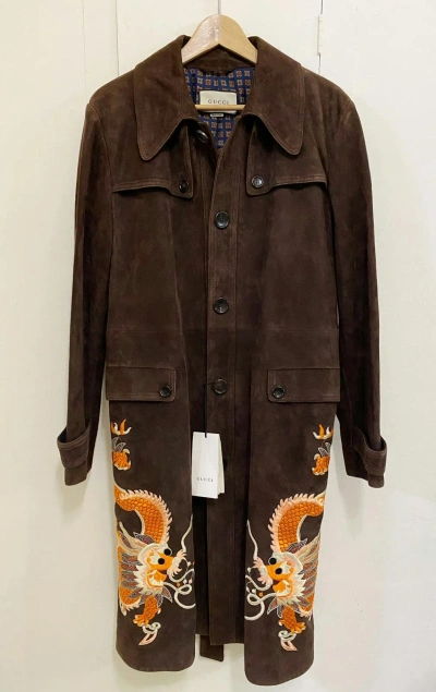 Pre-owned Gucci $8k Goat Suede Dragon Embroidered Brown Trench Coat
