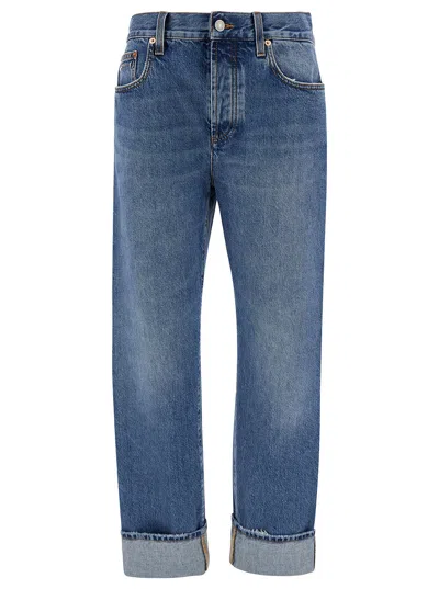 Gucci '90's' Light Blue Jeans With Horsebit Detail And Turn-up Hem In Cotton Denim Woman In Multicolor