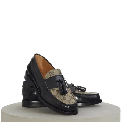Pre-owned Gucci 920$ Men's Gg Loafer - Tassel, Black Leather & Ebony Gg Canvas