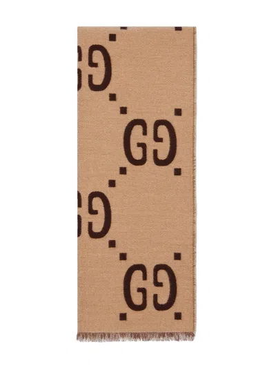Gucci Gg Jacquard Wool Silk Scarf In Beige
