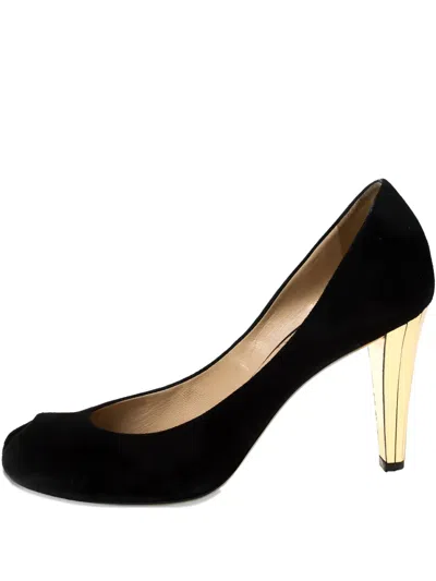 Pre-owned Gucci 95mm Suede Peep-toe Pumps In Black