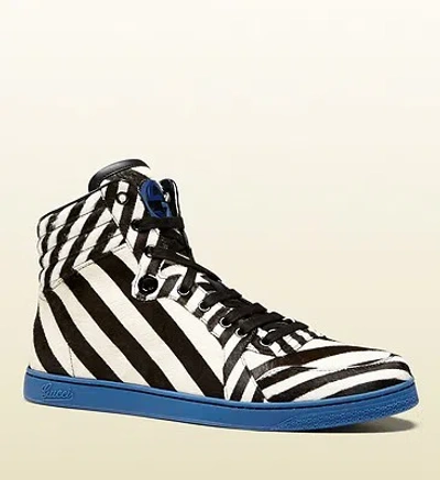 Pre-owned Gucci $980 Authentic  Mens Zebra Print Calf Hair High-top Sneaker 353412 In Multicolor
