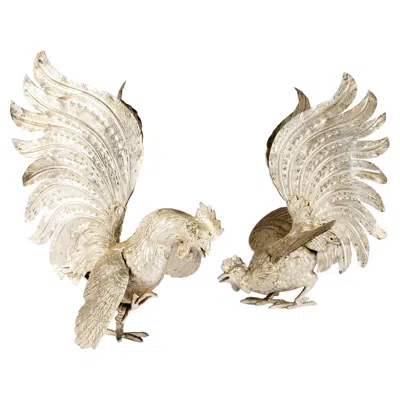 Pre-owned Gucci A Pair Of Vintage Italian Silver Plated Fighting Roosters In Sand