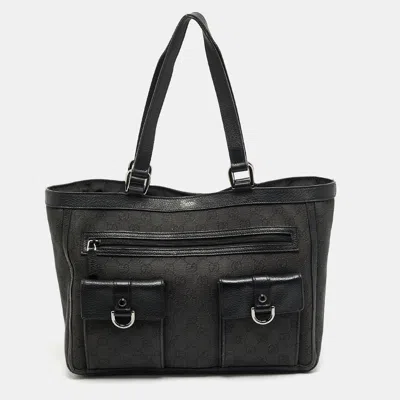 Pre-owned Gucci Abbey Pocket Black Gg Canvas And Leather Tote