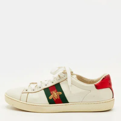 Pre-owned Gucci Ace Bee Embroidered Size 36.5 White Leather Low Top Sneakers