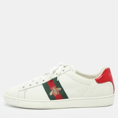 Pre-owned Gucci Ace Bee Embroidered Size 39.5 White Leather Low Top Sneakers