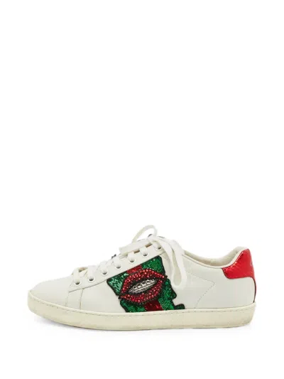 Pre-owned Gucci Ace Crystal-lips Lace-up Leather Sneakers In White
