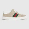 Gucci Beige Low Top Sneakers With Web Detail On The Side And Ace Plaque On The Front In Gg Canvas Wo In Neutral