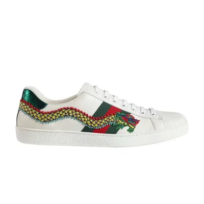 Pre-owned Gucci Ace Embroidered 'dragon' In White