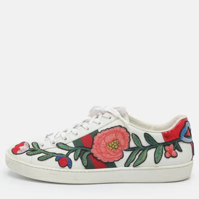 Pre-owned Gucci Ace Floral Embroidered Size 39.5 White Leather Low Top Sneakers