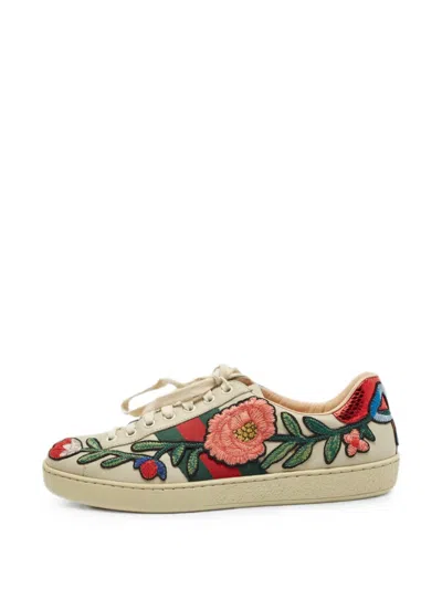 Pre-owned Gucci Ace Floral-embroidered Sneakers In Neutrals