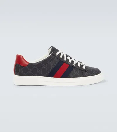 Gucci Gg Supreme Fabric Trainers With Lateral Web Band In Black Red