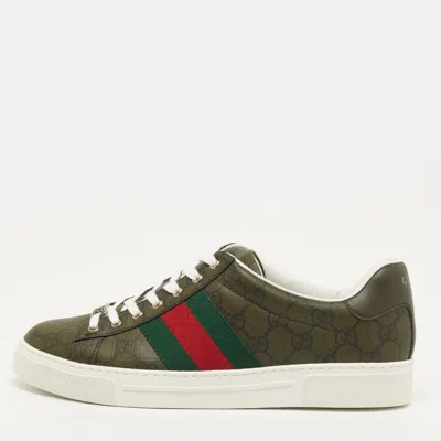 Pre-owned Gucci Ace Gg Supreme Size 40 Dark Green Coated Canvas And Leather Web Low Top Sneakers