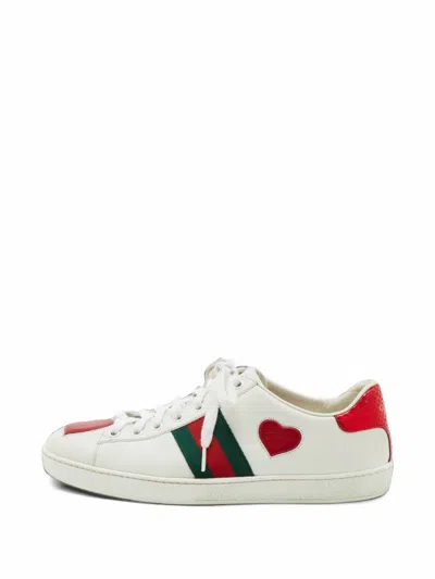 Pre-owned Gucci Ace Heart Web-appliqué Sneakers In White