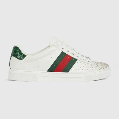 Gucci Leather Ace Sneakers Studded Heel Perforated Upper Rubber Sole In White